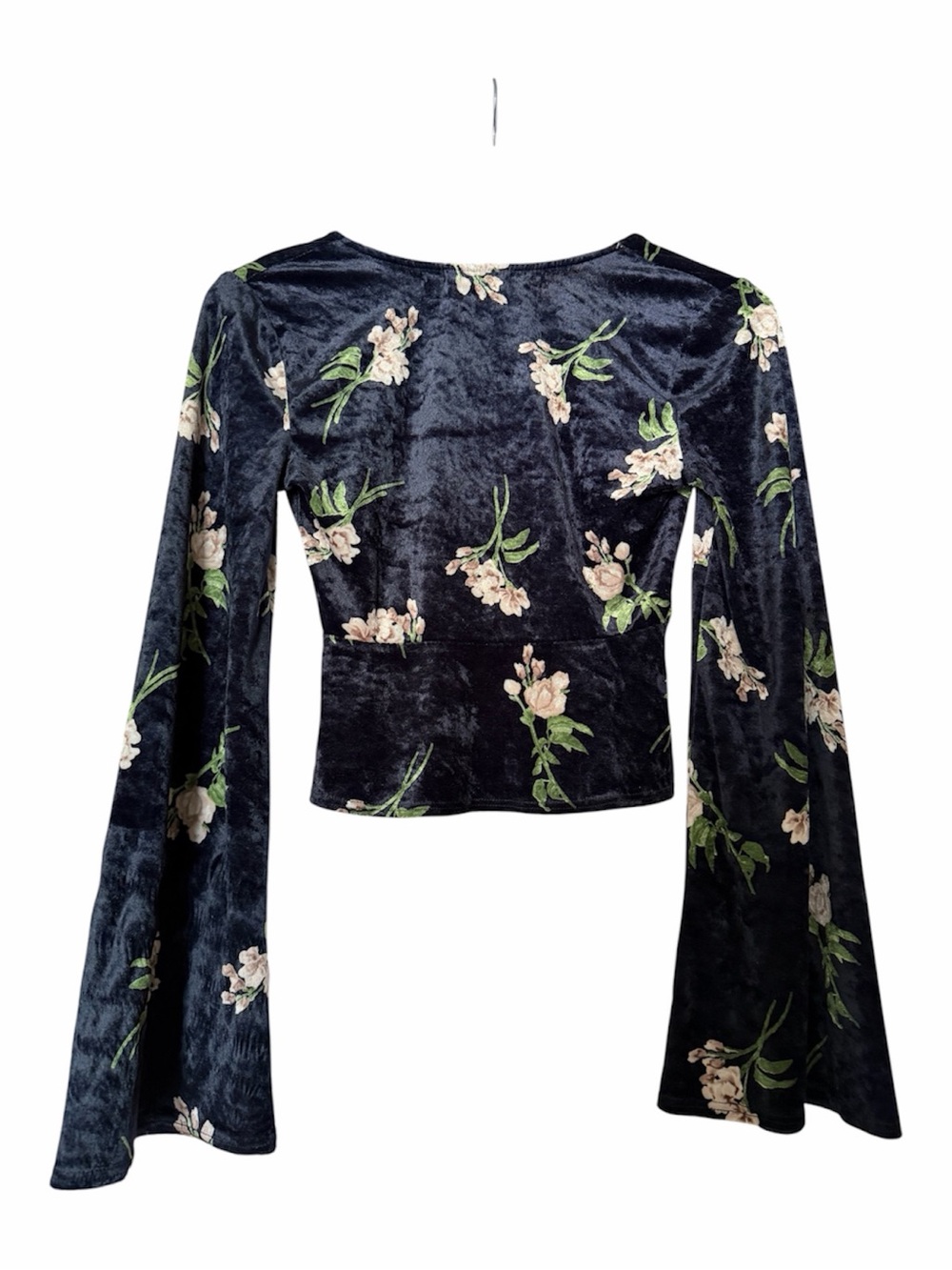 Urban Outfitters Velvet Tie-Front Top Bell Sleeve Floral Black Y2K Style S - Picture 2 of 8